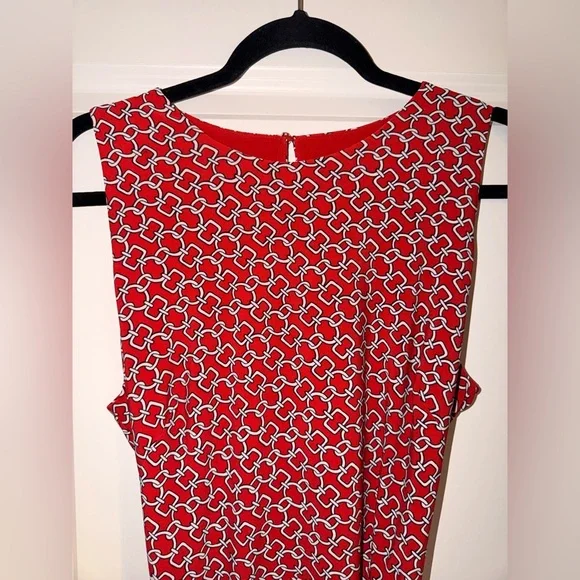 Lauren Ralph Lauren Red and White Chain Link Patterned Belted Midi Dress - Picture 7 of 11